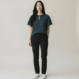 Ann Taylor dark blue floral butterfly sleeve blouse with lace insertions Large